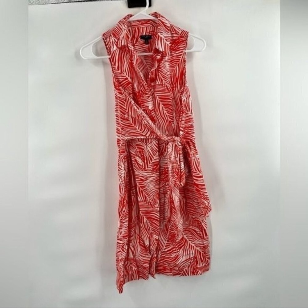 Talbots women’s red and white leafy belted wrap dress 4P